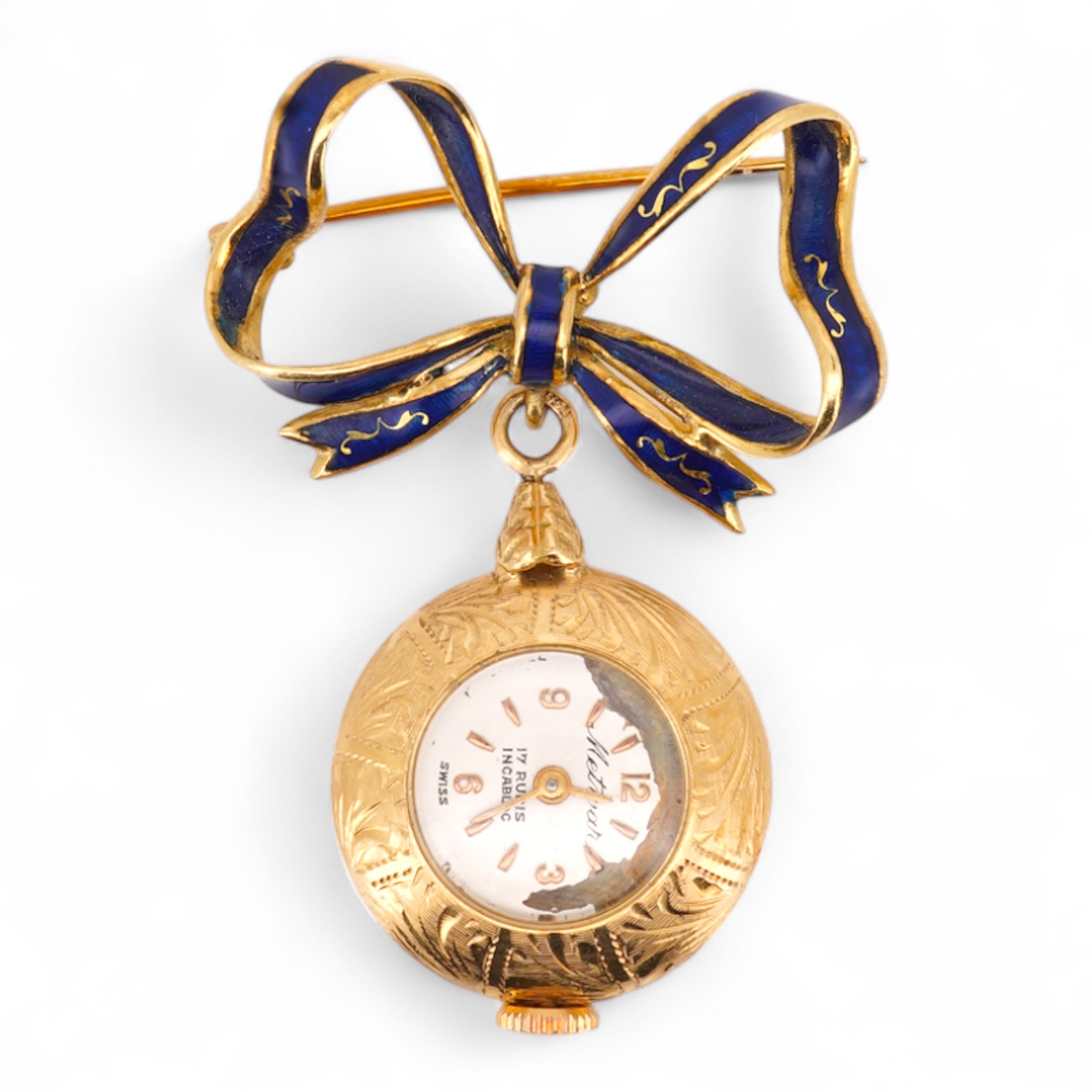 A mid 20th century Italian 18k and enamel fob watch, dial a.f., suspended from and Italian 18k and blue enamelled ribbon bow brooch, brooch width 30mm.